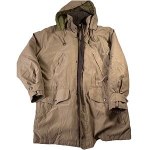 London Fog Hooded Rain Coat Lined Water Resistant Car Overcoat Tan Women M Vtg